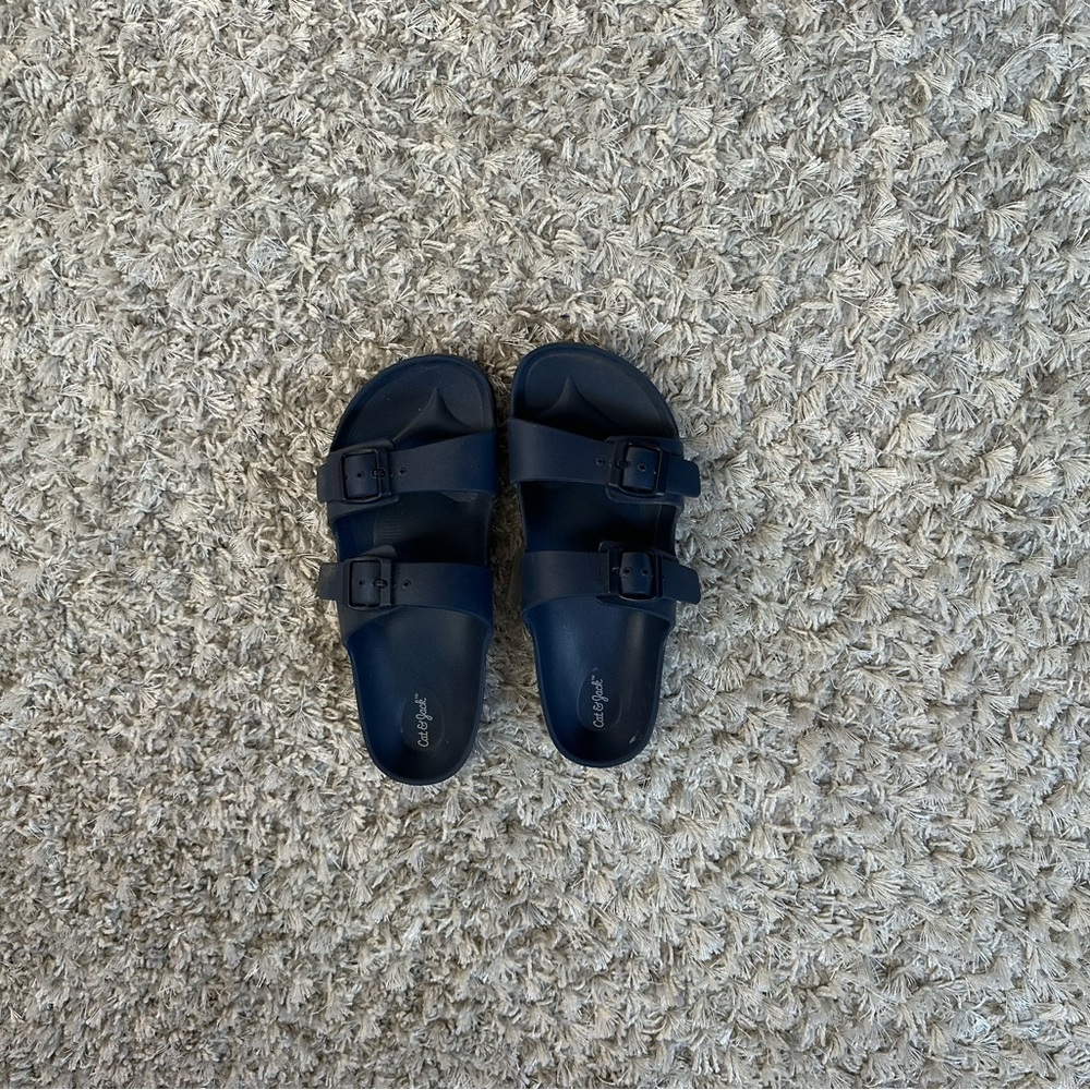 Never worn Cat and Jack navy blue sliders
